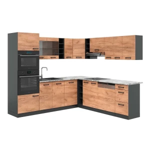 Eckküche R-Line Anthrazit/Goldkraft Eiche 247 x 237 cm, AP Marmor Vicco