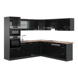 Kuchnia narożna R-Line Czarny połysk/Antracyt 247 x 237 cm, BP Dąb Vicco