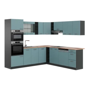 Eckküche R-Line Blau-Grau/Anthrazit 247 x 237 cm, AP Eiche Vicco