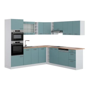 Eckküche R-Line Blau-Grau/Weiß 247 x 237 cm, AP Eiche Vicco