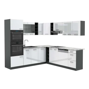 Eckküche R-Line Weiß Hochglanz/Anthrazit 247 x 237 cm, AP Marmor Vicco