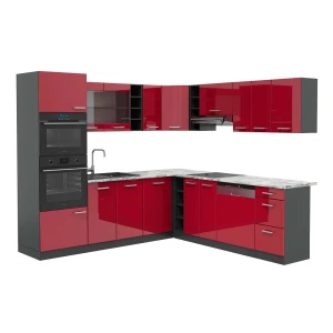 Eckküche R-Line Rot Hochglanz/Anthrazit 247 x 237 cm, AP Marmor Vicco