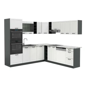 Hjørnekøkken R-Line Hvid landhus/Antracit 247 x 237 cm, BP Marmor Vicco
