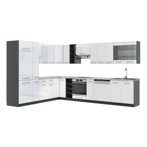Hjørnekøkken Fame-Line Hvid højglans/antracit 347 x 60 cm , BP Marmor Vicco