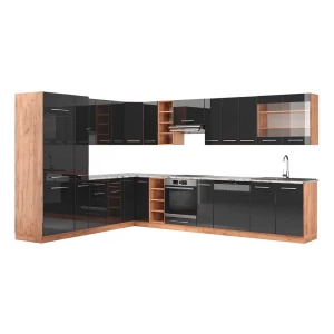 Hjørnekøkken Fame-Line Antracit højglans/guld power oak 347 x 60 cm , BP Marmor Vicco