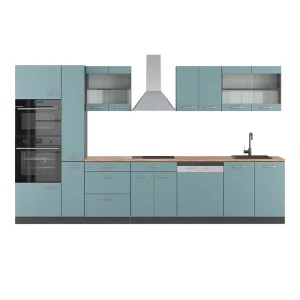 Küchenzeile R-Line Blau-Grau/Anthrazit 350 cm mit Hochschrank, AP Eiche Vicco