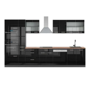 Ligne de cuisine R-Line Noir brillant/Anthracite 350cm avec armoire haute, PT Chêne Vicco