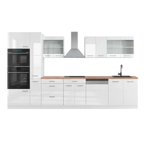 Køkkenrække R-Line Hvid højglans/hvid 350 cm med højskab, BP Eg Vicco