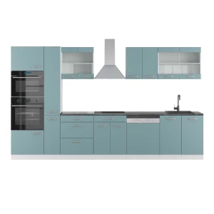 Küchenzeile R-Line Blau-Grau/Weiß 350 cm mit Hochschrank, AP Anthrazit Vicco