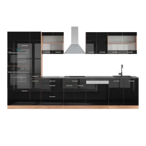 Keittokomero R-Line Musta korkeakiilto/Goldkraft tammi 350 cm korkea kaappi, AP antrasiitti Vicco