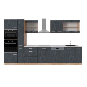 Komplet køkken R-Line Sort beton/guld eg 350 cm , BP Marmor Vicco