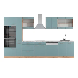 Kitchenette R-Line Azul-cinza/Carvalho Goldkraft 350 cm com armário alto, mármore AP Vicco