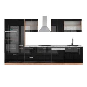 Keittokomero R-Line Musta korkeakiilto/Goldkraft tammi 350 cm korkealla kaapilla, AP-marmori Vicco