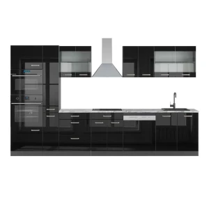 Ligne de cuisine R-Line Noir brillant/Anthracite 350cm avec armoire haute, PT Marbre Vicco