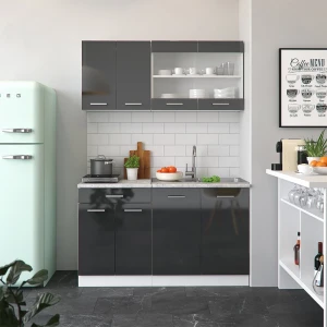 Singleküche R-Line Anthrazit Hochglanz/Weiß 140 cm , AP Marmor livinity®