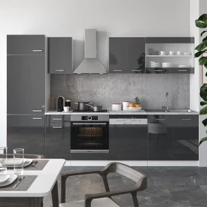 Küchenzeile R-Line Anthrazit Hochglanz/Weiß 300 cm , AP Marmor livinity®
