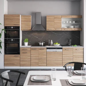Küchenzeile R-Line Sonoma 300 cm mit Hochschrank, AP Marmor livinity®