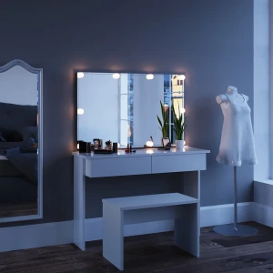 Schminktisch Azur Weiß 120 cm mit LED Beleuchtung und Bank livinity®