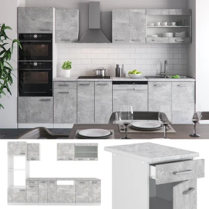 Küchenzeile R-Line Beton/Weiß 300 cm mit Hochschrank, AP Anthrazit livinity®