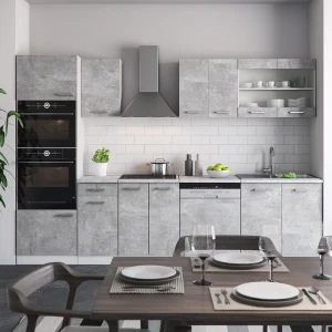 Küchenzeile R-Line Beton 300 cm mit Hochschrank, AP Marmor livinity®