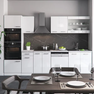 Küchenzeile R-Line Weiß Hochglanz/Weiß 300 cm mit Hochschrank, AP Marmor livinity®