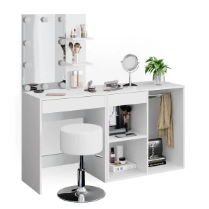 Makeupbord Isabelle Hvid 140 cm med LED, skammel og skab Vicco