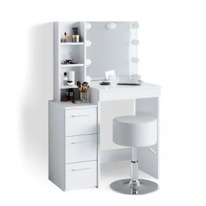 Makeupbord Meryl Hvid 80 cm med LED-belysning og skammel Vicco