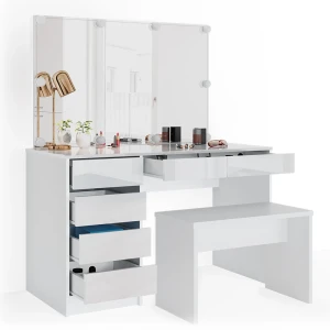 Makeupbord Sherry Hvid 120 cm med LED-belysning og bænk Vicco