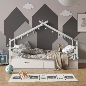 Hausbett Design Weiß 90x200 cm mit Gästebett und Matratze livinity®