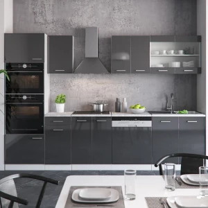 Küchenzeile R-Line Anthrazit Hochglanz/Weiß 300 cm mit Hochschrank, AP Marmor livinity®