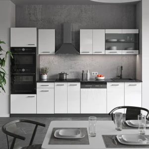 Küchenzeile R-Line Weiß Hochglanz/Anthrazit 300 cm mit Hochschrank, ohne Arbeitsplatte livinity®