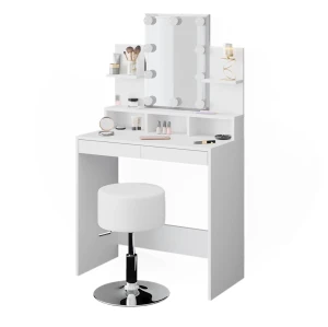 Makeupbord Ania Hvid 80 cm med LED-belysning og skammel Vicco