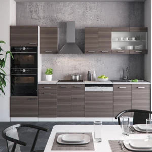 Küchenzeile R-Line Edelgrau/Weiß 300 cm mit Hochschrank, AP Marmor livinity®