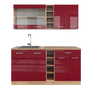 Singleküche R-Line Rot Hochglanz/Goldkraft Eiche 160 cm , AP Eiche Vicco