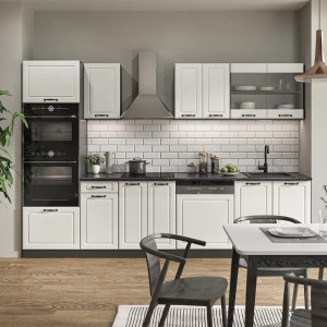 Küchenzeile R-Line Weiß Landhaus/Anthrazit 300 cm mit Hochschrank, ohne Arbeitsplatte livinity®