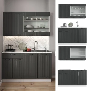 Singleküche Fame-Line Anthrazit Landhaus/Weiß 140 cm , AP Eiche livinity®