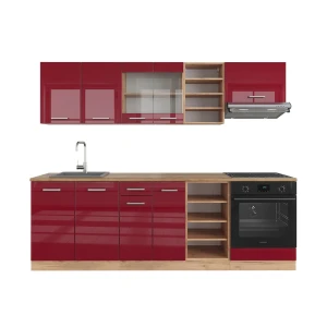 Zabudowa kuchenna R-Line Czerwony wysoki połysk/złoty dąb 240 cm , BP Dąb Vicco