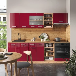 Küchenzeile R-Line Rot Hochglanz/Goldkraft Eiche 240 cm ohne Arbeitsplatte livinity®