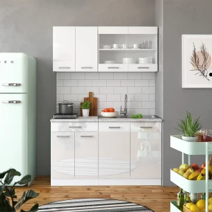Singleküche R-Line Weiß Hochglanz/Weiß 140 cm , AP Marmor livinity®