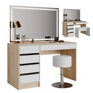 Makeupbord Sherry Hvid/Sonoma 120 cm med LED-spejl og skammel Vicco