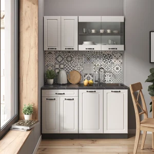 Singleküche R-Line Weiß Landhaus/Anthrazit 140 cm ohne Arbeitsplatte livinity®