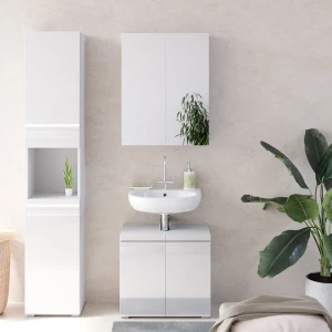 Badmöbel-Set Fredd Weiß Hochglanz 3 Teile, mit Hochschrank livinity®