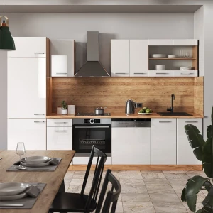 Küchenzeile R-Line Weiß Hochglanz/Goldkraft Eiche 300 cm ohne Arbeitsplatte livinity®
