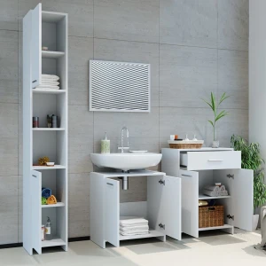 Badmöbel-Set Kiko Weiß 4 Teile, mit Hochschrank und Kommode livinity®