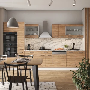 Küchenzeile R-Line Sonoma/Weiß 350 cm mit Hochschrank, AP Marmor livinity®