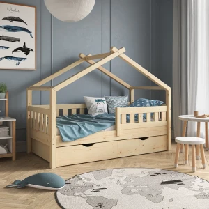 Hausbett Design Naturholz 80x160 cm mit 2 Schubladen und Matratze livinity®
