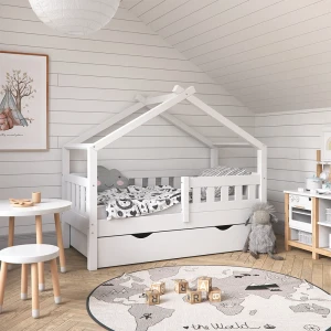 Hausbett Design Weiß 70x140 cm mit Schublade und Matratze livinity®