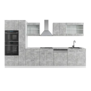 Cucina  R-Line Cemento/Bianco 350 cm con armadio alto, Piano di lavoro Marmo Vicco