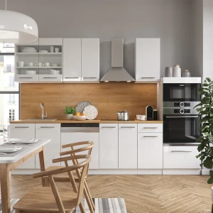 Küchenzeile Fame-Line Weiß Hochglanz/Weiß 300 cm mit Hochschrank, AP Anthrazit livinity®