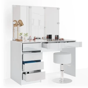 Makeupbord Sherry Hvid 120 cm med LED-belysning og skammel Vicco